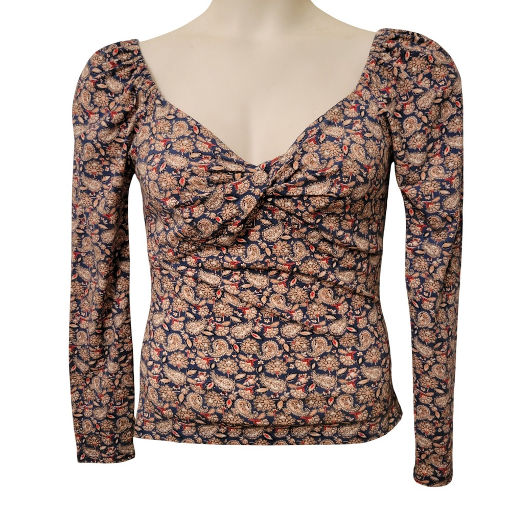 Boden Blue‎ Paisley Print Twist Long Sleeve Top 8 Sweetheart Neck Coquette Boho